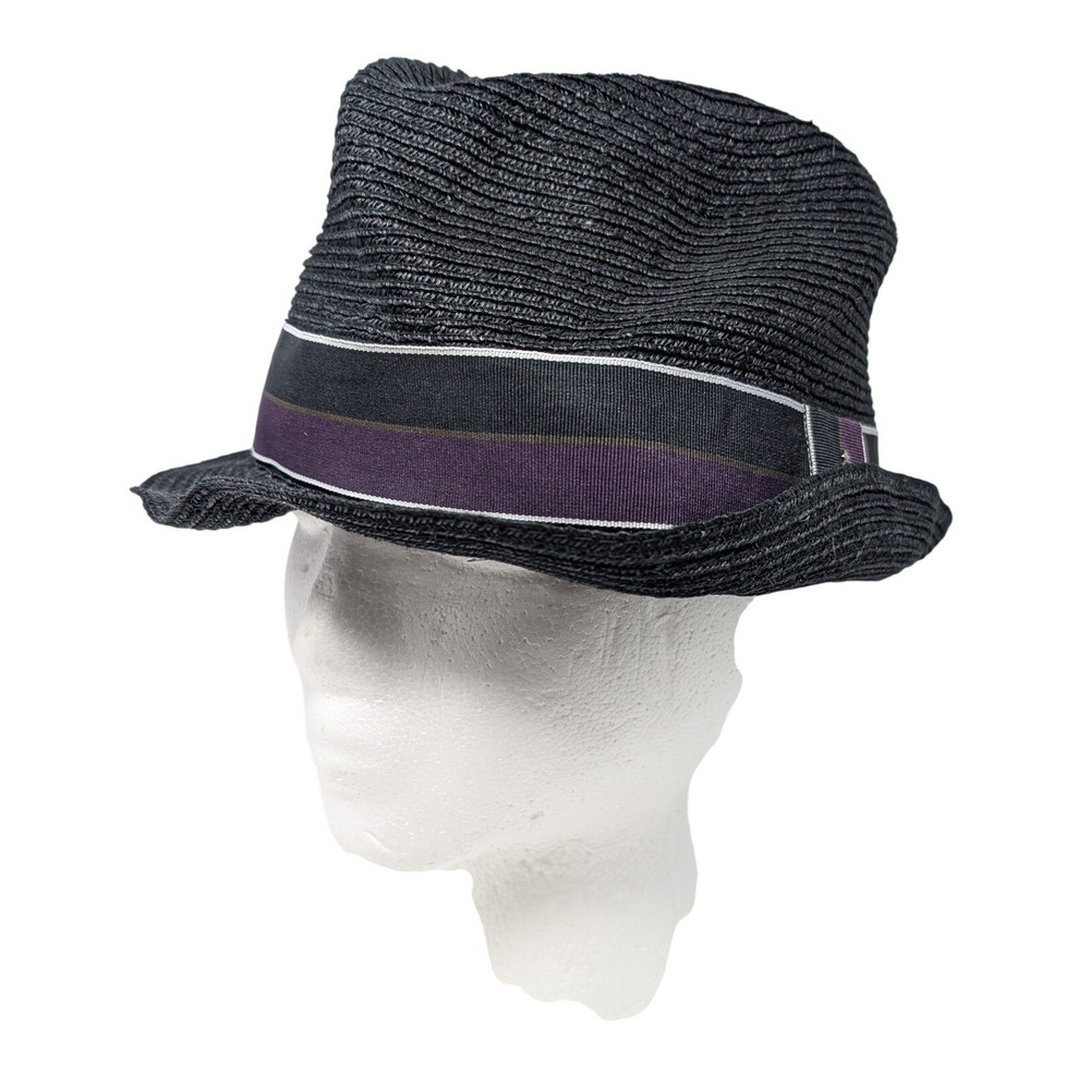 Christy's Crown Series Black Hemp Fedora Hat Large Purple Striped Band Vacation